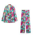 Women's Long Sleeve Tropical Printed Suit Wide Leg Pants Set