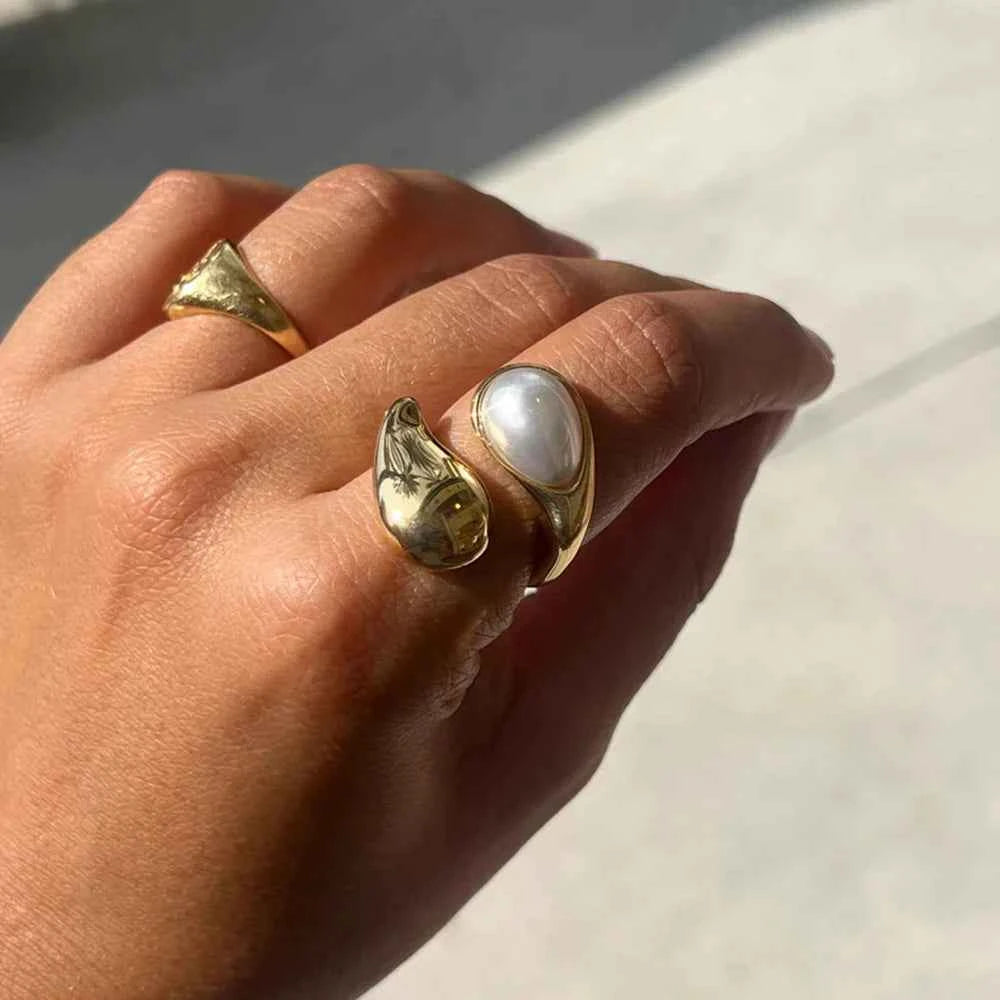 Stainless Steel Imitation Pearl Water Drop Finger Adjustable Ring