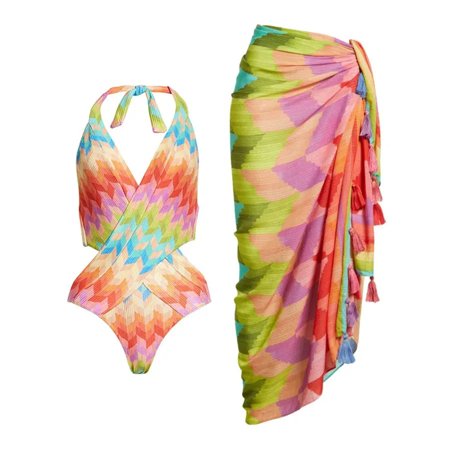 2PC Push Up Women Bikini Set Skirt Floral Printed Bikinis - Norellé