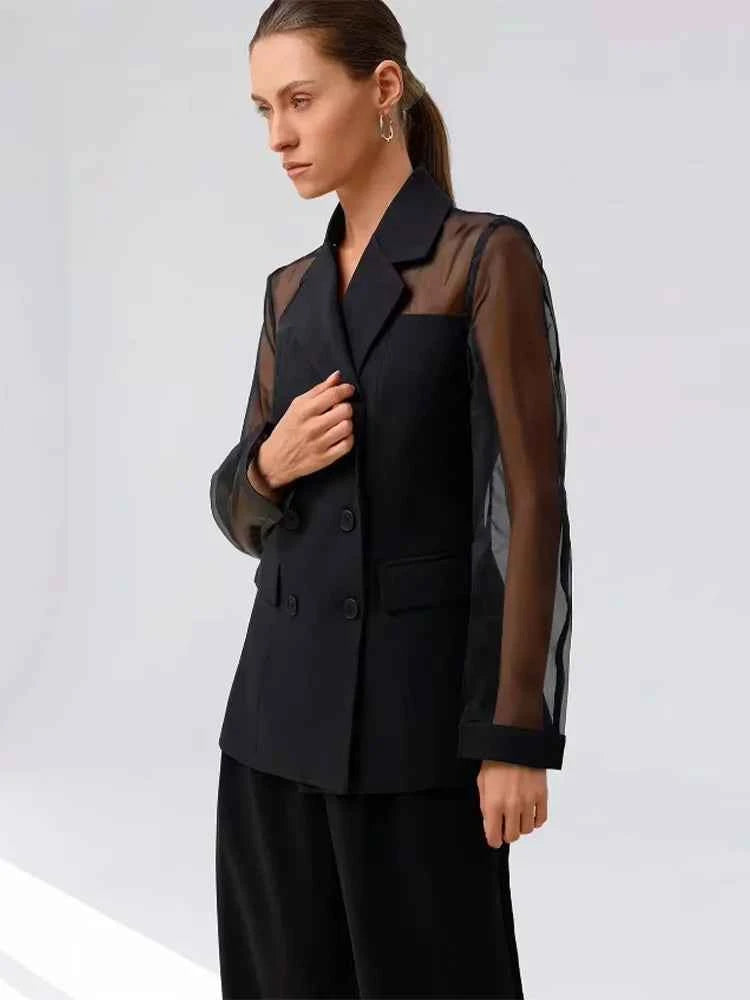 Women High Street Blazer Translucent Cuff Splicing Slim Blazer