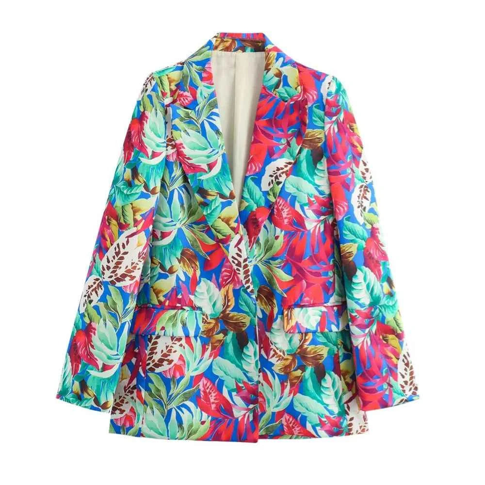 Women's Long Sleeve Tropical Printed Suit Wide Leg Pants Set