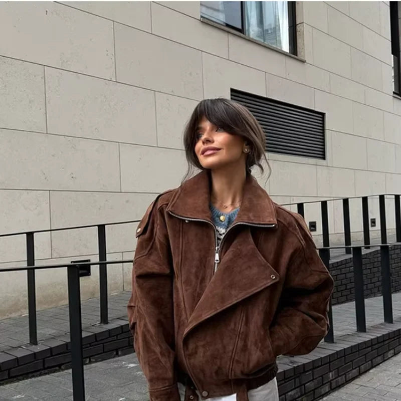 Brown Faux Suede Cropped Casual Coat Vintage Lapel Solid Zipper - Norellé