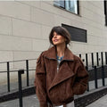 Brown Faux Suede Cropped Casual Coat Vintage Lapel Solid Zipper - Norellé