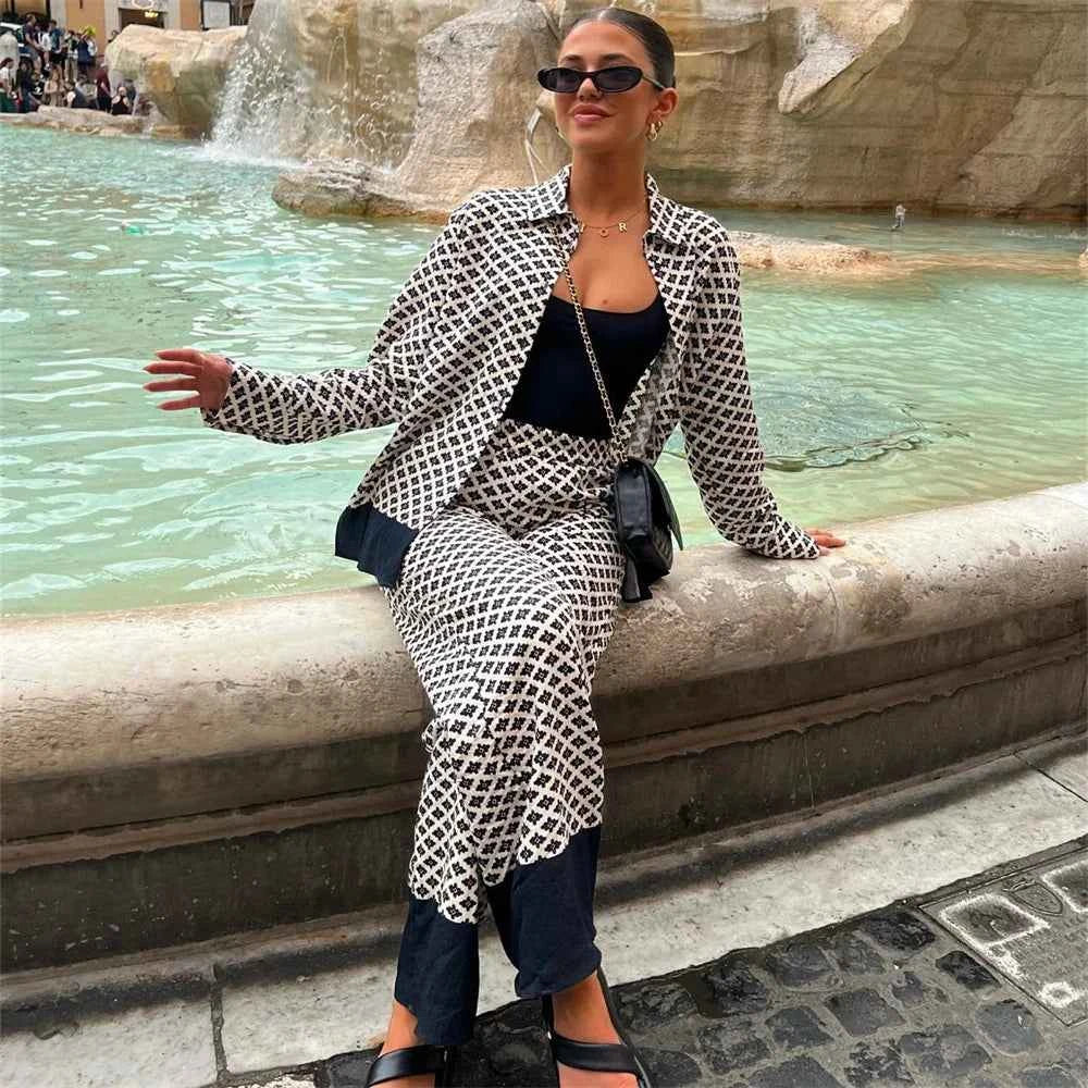 Women's Casual Lapel Long Sleeved Flower Printed Shirt and Pants Set
