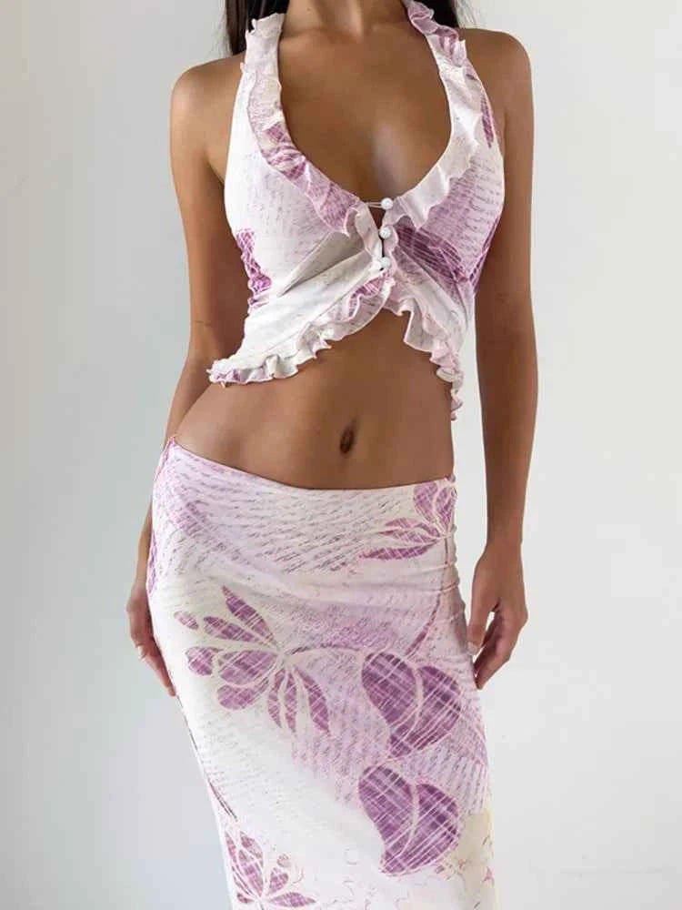 Mesh Print Skirt Two Piece Set Women