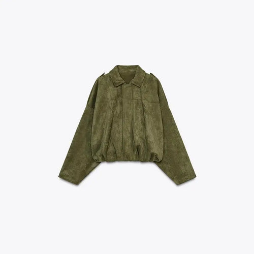 Brown Faux Suede Cropped Casual Coat Vintage Lapel Solid Zipper - Norellé