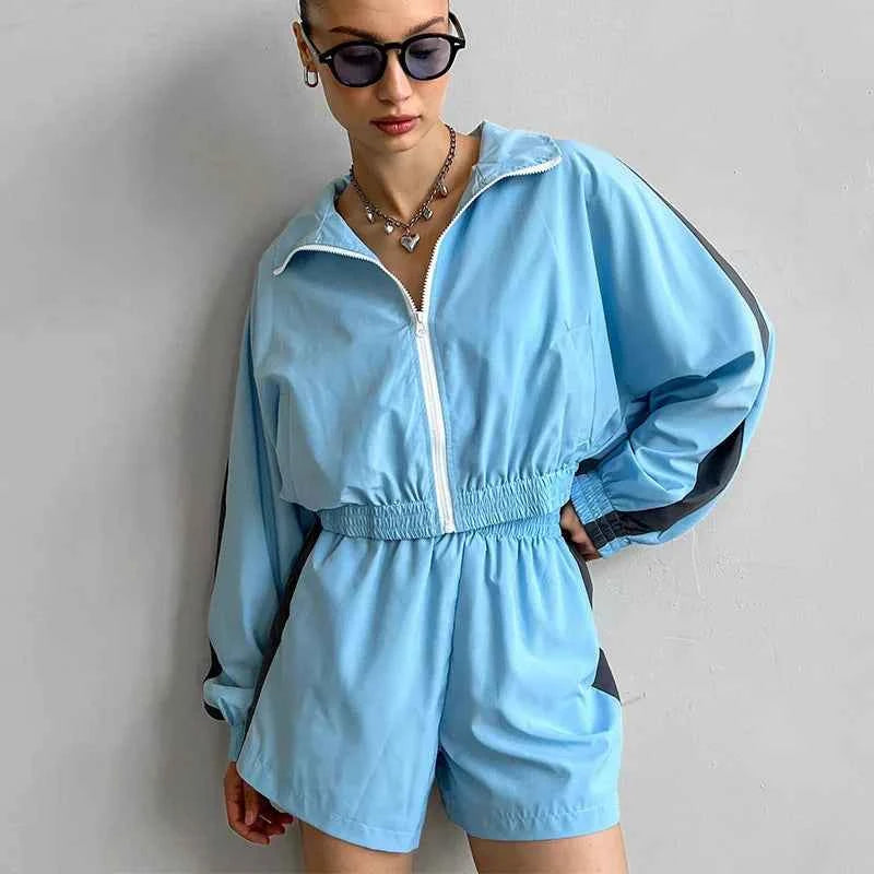 Women Loose Zip Hoodie and Sport Shorts Set