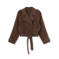 Brown Faux Suede Cropped Casual Coat Vintage Lapel Solid Zipper - Norellé