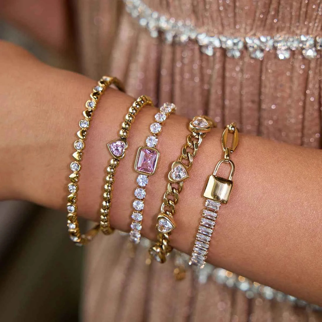 Pink Square Zircon Bracelet Stainless Steel Lock Chain Stackable Bracelet