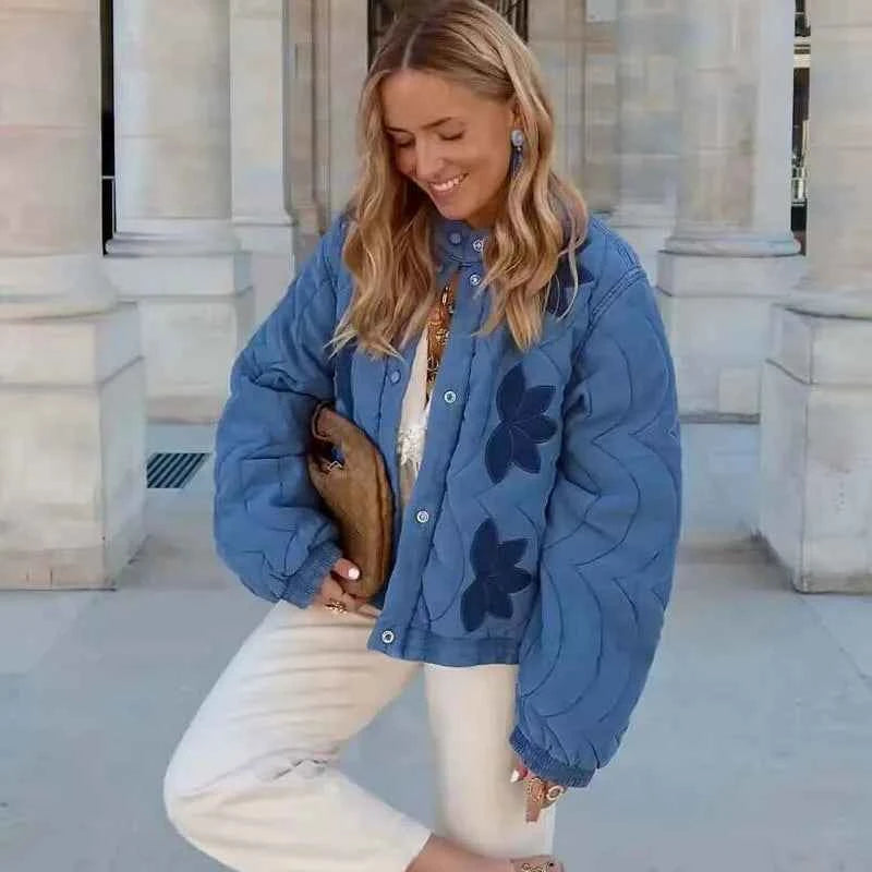 Women Floral Embroidery Quilted Jacket Coat