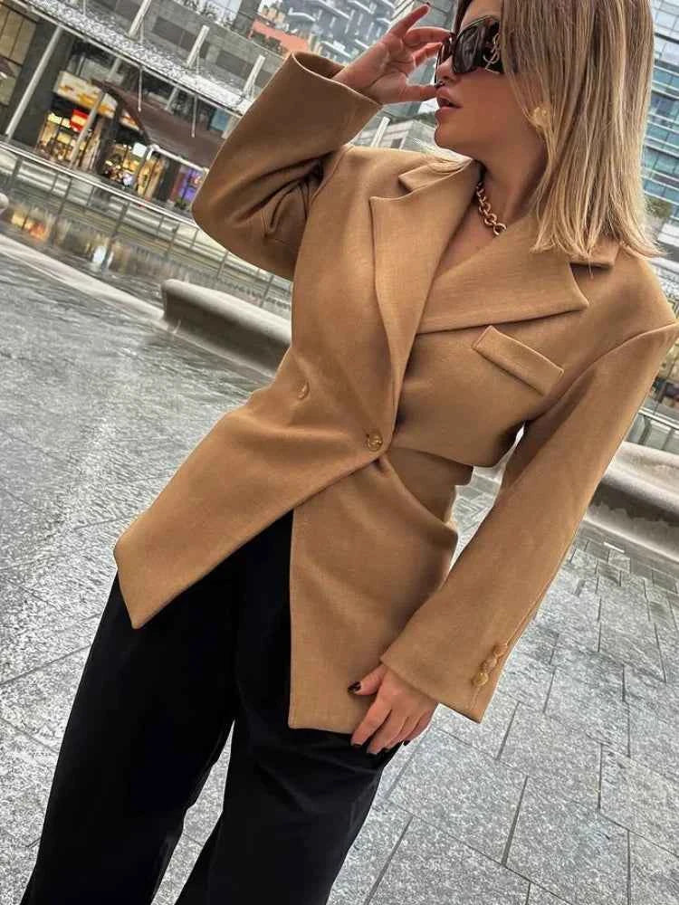 Women Brown Lapel Blazer Coat