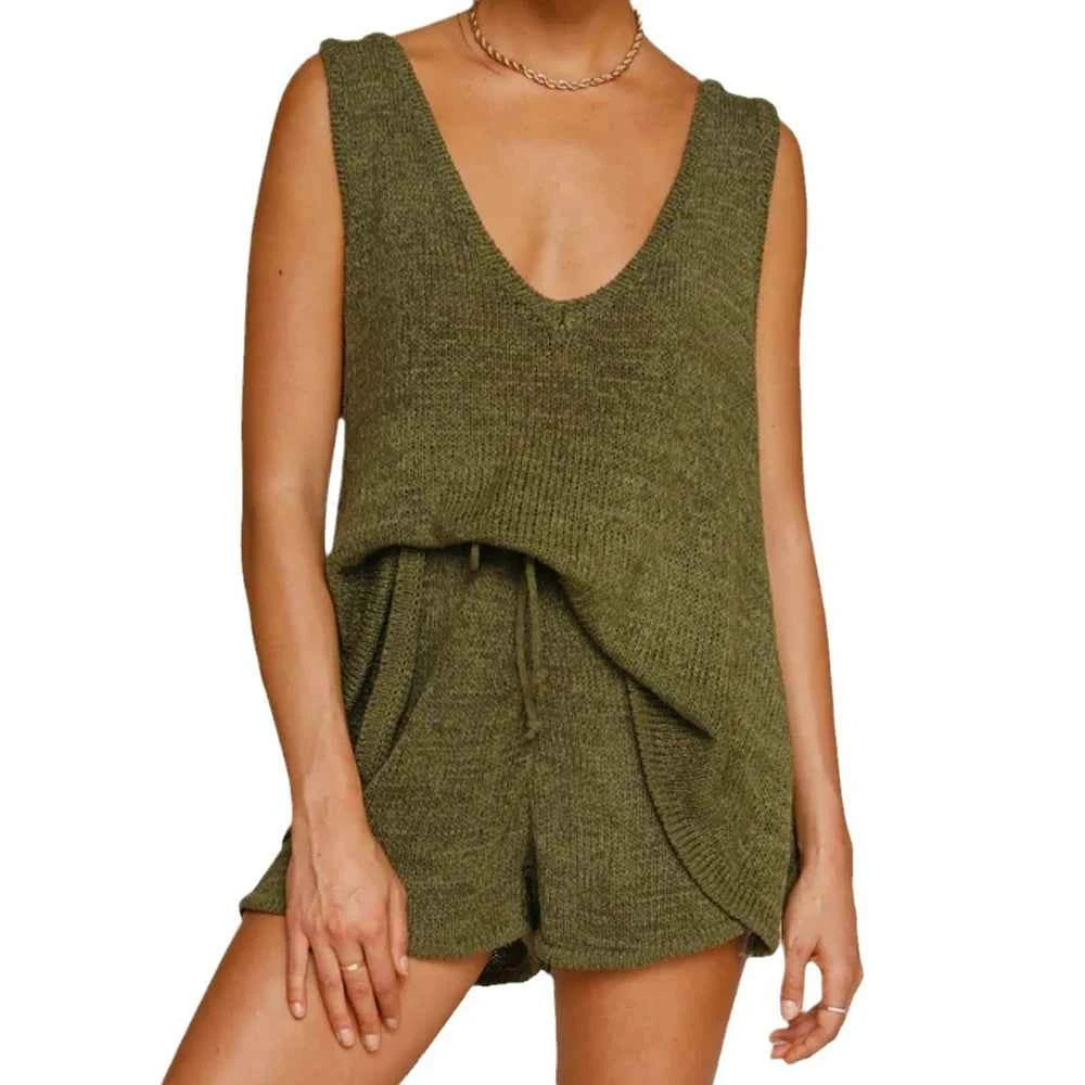 Casual Deep V-Neck Back Heart Tie Knit Women's Sweater Set