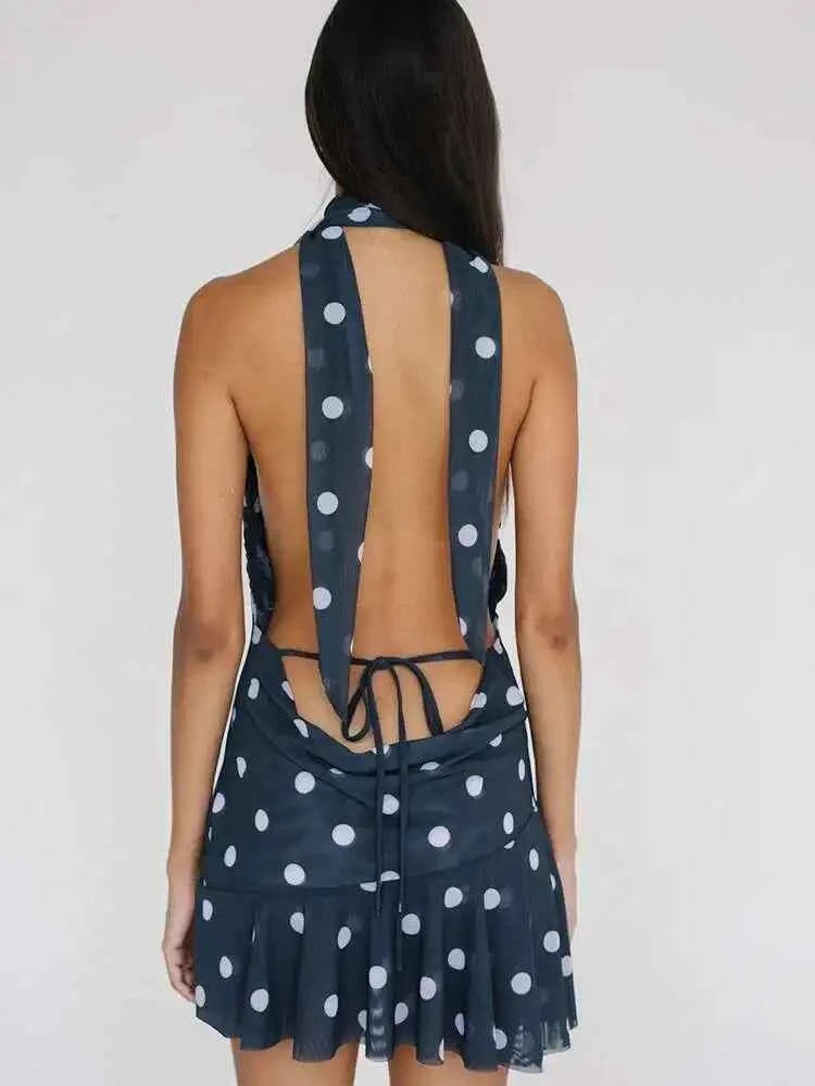 Print Polka Dot Backless Halter Women Dress