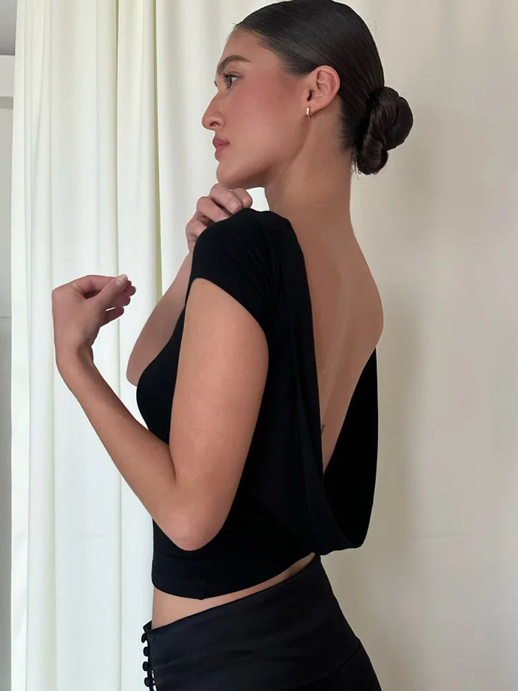 O Neck Short Sleeve Backless Ruched Crop Top