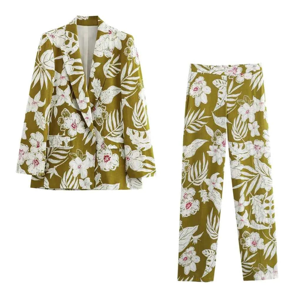 Women's Fashion Commuting Temperament Linen Printed Suit Coat Printed Pants Set