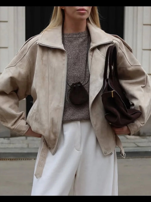 Brown Faux Suede Cropped Casual Coat Vintage Lapel Solid Zipper - Norellé