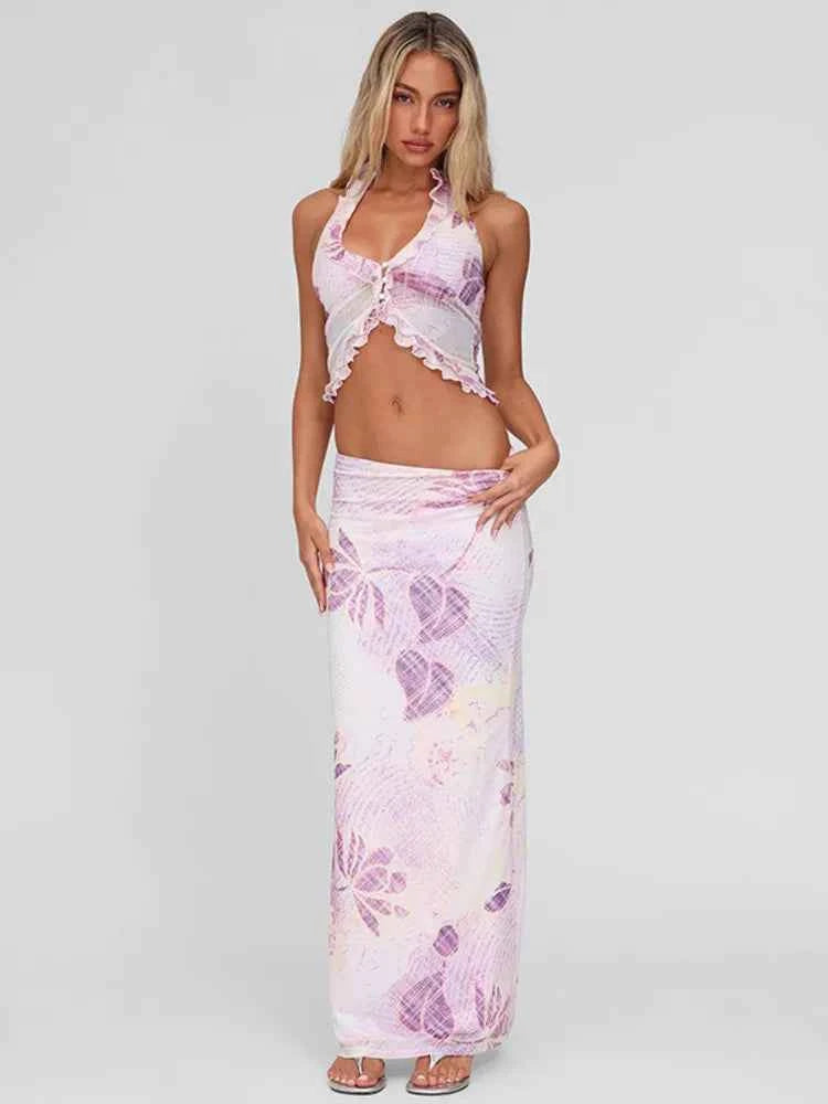 Mesh Print Skirt Two Piece Set Women