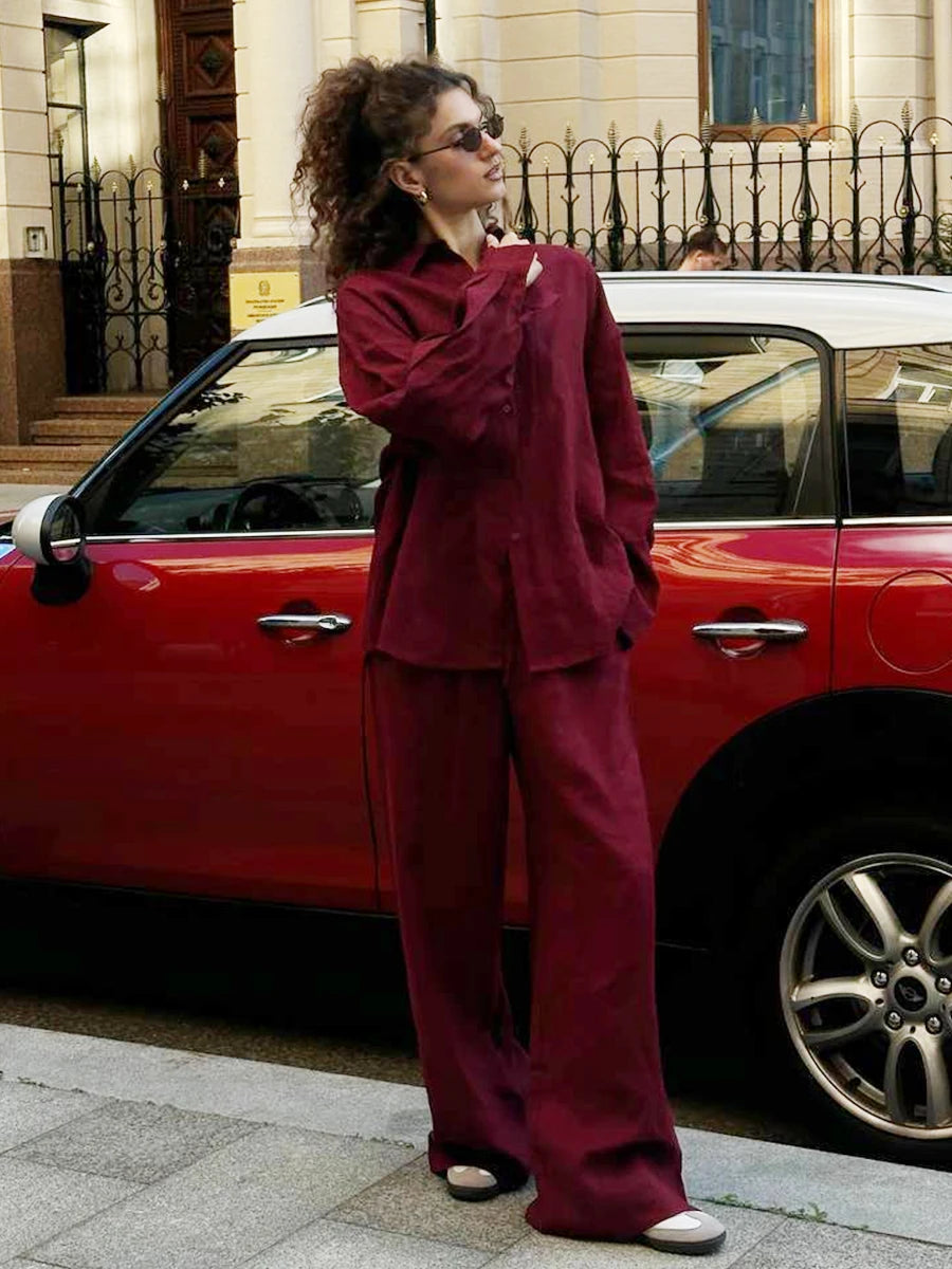 Cotton Casual Pants Sets Women's Solid Color Cozy Lapel - Norellé