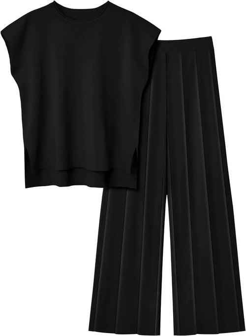 2 Piece Sets Women Outfit Sleeveless Casual T Shrit Top Knitted Vest - Norellé