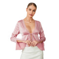 Women Basic Long Sleeve Lace Trim Deep V Neck Shirt