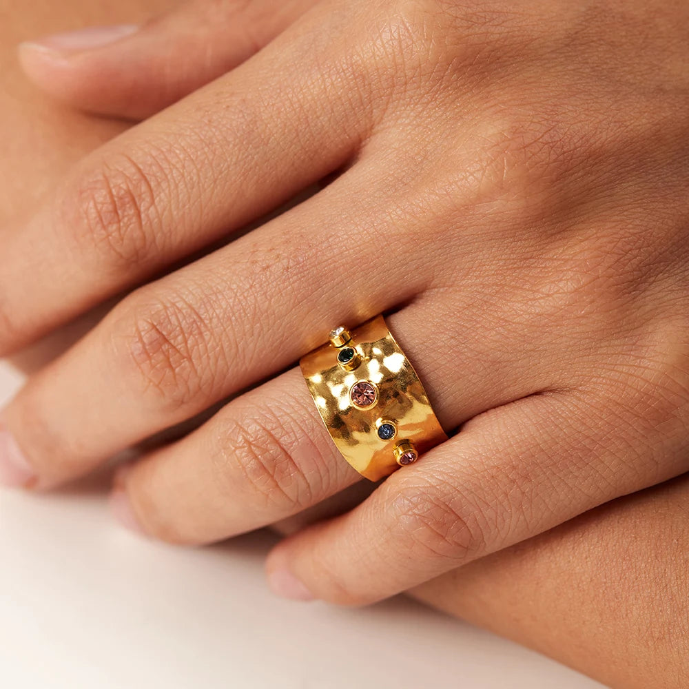 Colorful Cubic Zircon CZ Stone Crystal Wide Stainless Steel Waterproof Ring