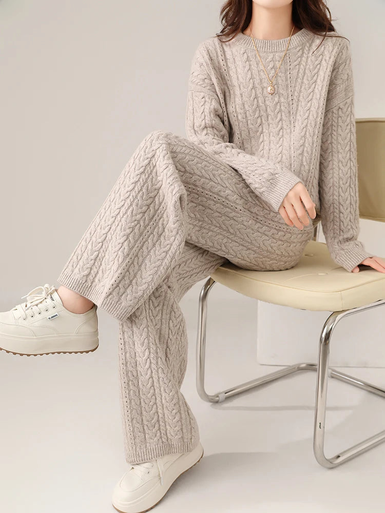 100% Wool Suit Women's Pullover Sweater Knitting O-neck Sweater Knitting Wool Wide Leg Pant