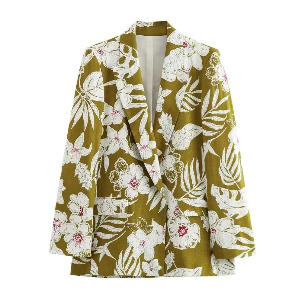 Women's Fashion Commuting Temperament Linen Printed Suit Coat Printed Pants Set