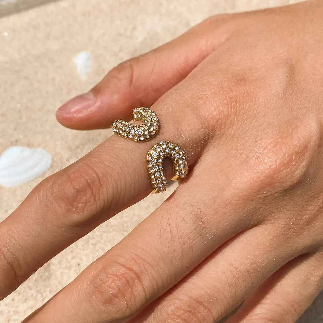 Gold Color Plated Stainless Steel White Rhinestone Paper Clip Ring