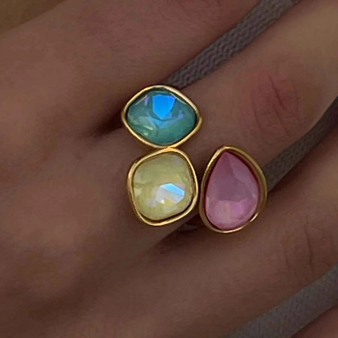 Stainless Steel Pink Green Yellow Cubic Zirconia Adjustable Open Ring