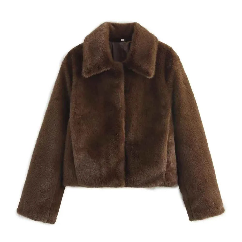 Loose Lapel Button Embellished Brown Long Sleeved Jacket for Women's