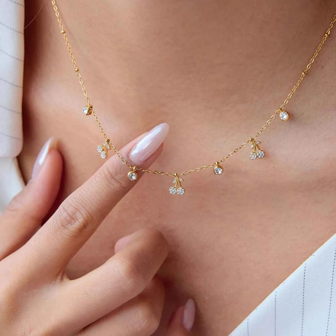 Stainless Steel White Rhinestone Cherry Pendant Necklace
