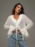 Elegant White Chiffon Ruffle Shirt Women