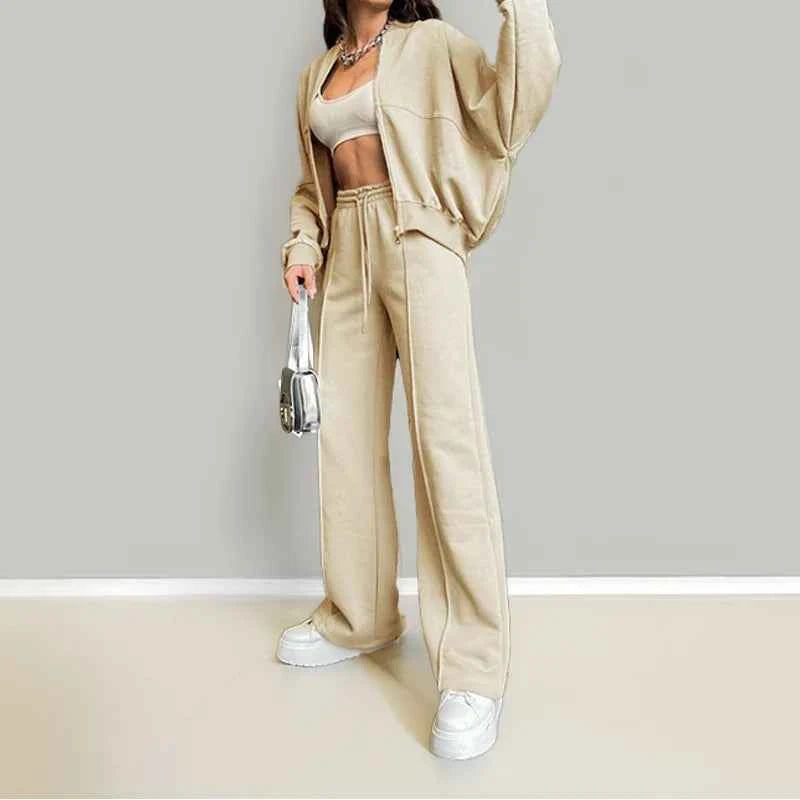 Women's Fleece-Lined Hoodie Coat High Waist Casual Pants Set