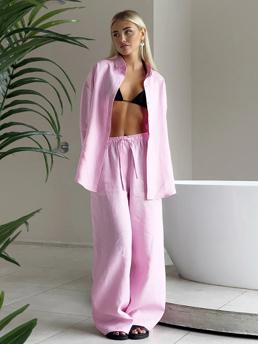 Cotton Casual Pants Sets Women's Solid Color Cozy Lapel - Norellé