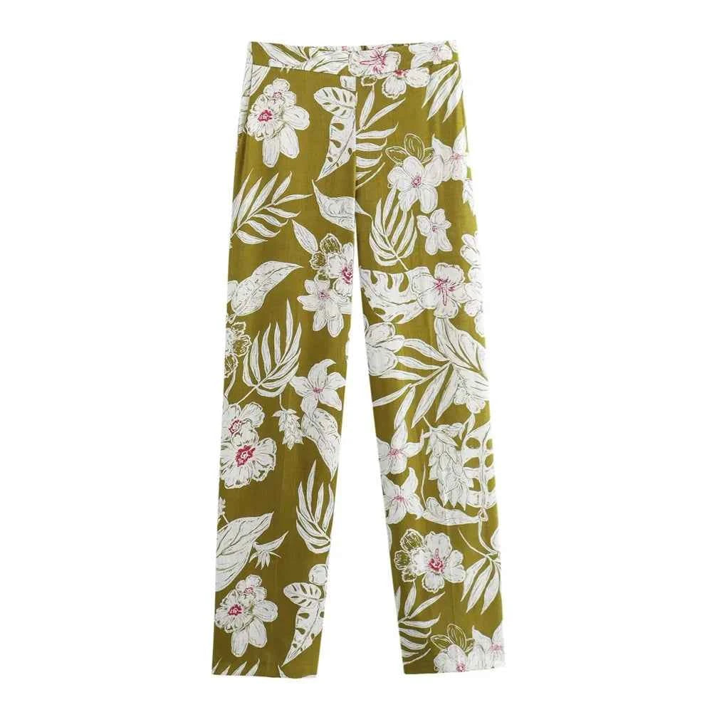 Women's Fashion Commuting Temperament Linen Printed Suit Coat Printed Pants Set