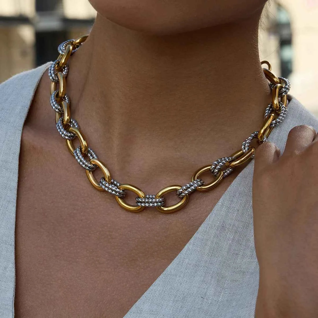 Stainless Steel Double Color Oval Smooth Fried Dough Twists Necklace