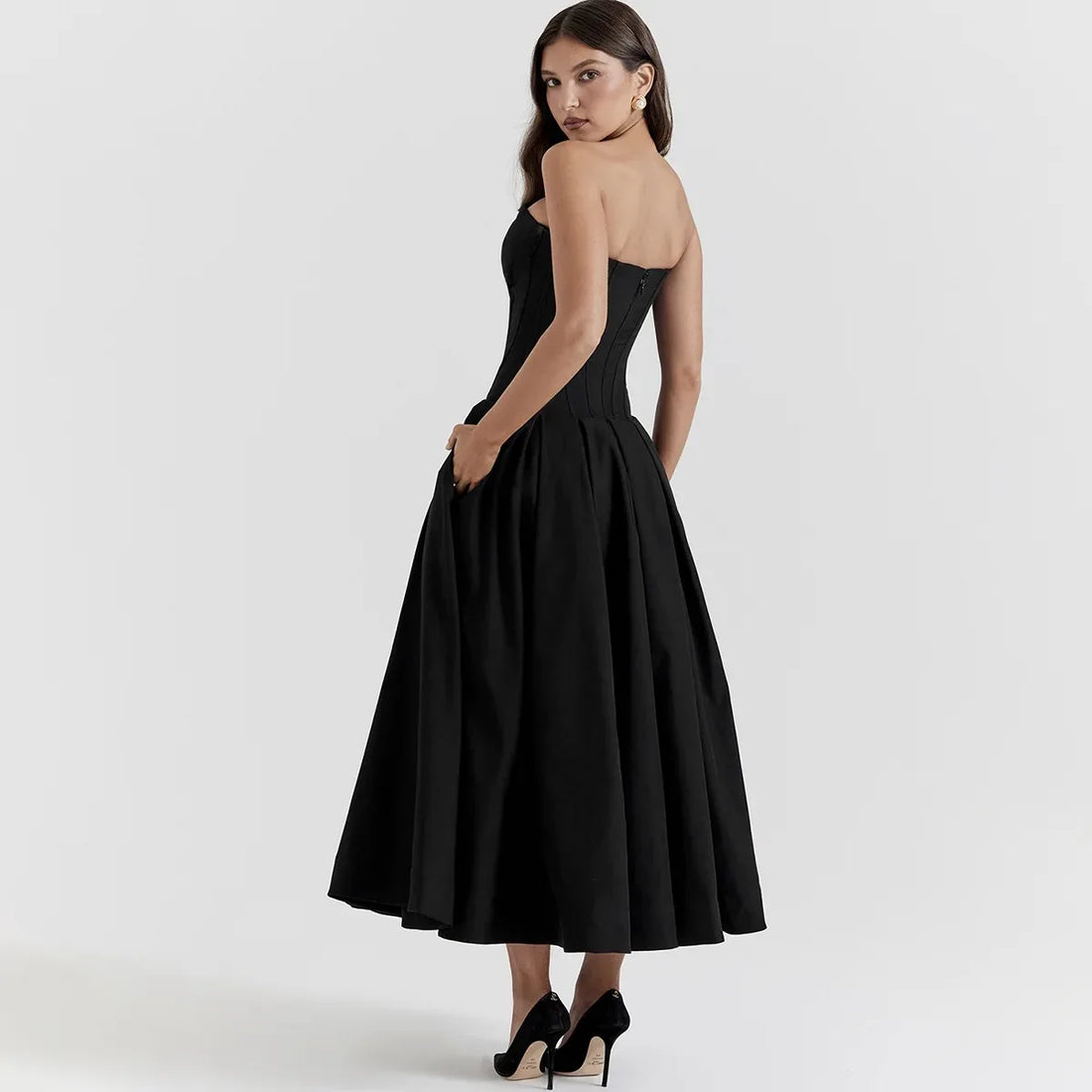 Black Elegant Strapless Corset Dress Midi - Norellé