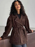 Women Gray Solid Suede Trench Coat