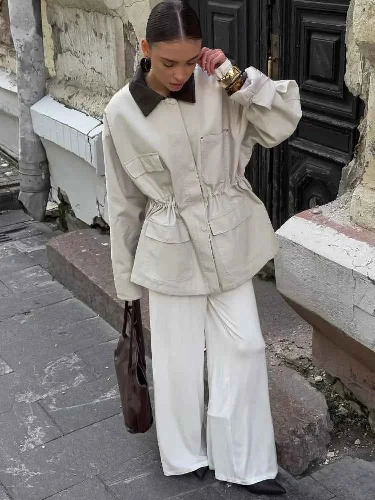 Women Beige Solid Jacket Stand Collar Button Long Loose