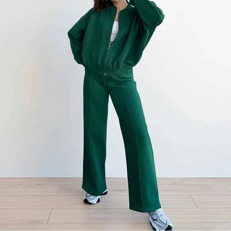 Women's Fleece-Lined Hoodie Coat High Waist Casual Pants Set
