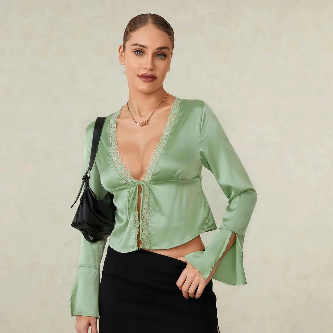 Women Basic Long Sleeve Lace Trim Deep V Neck Shirt