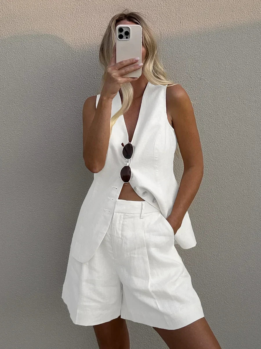 Cotton And linen Chic Casual Vest Shorts Set Women's Summer - Norellé