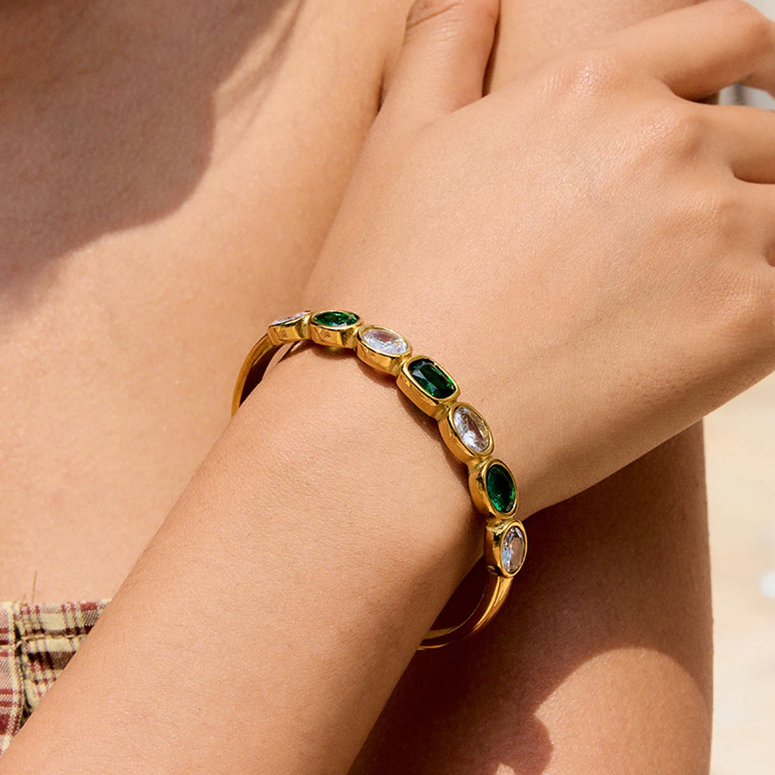 Gold Color Plated Stainless Steel White Green Zircon Bracelet