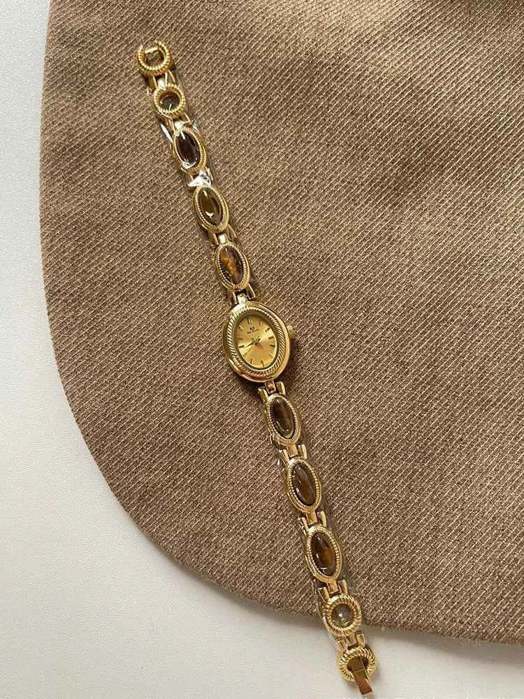 Women's Watch Natural Premium Jade Gold Silver Bracelet Quartz