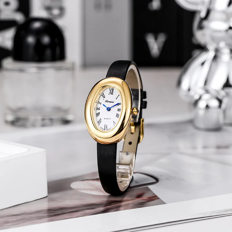 Women Quartz Watch Roman Numerals Vintage Simple Oval Clock Stainless Steel