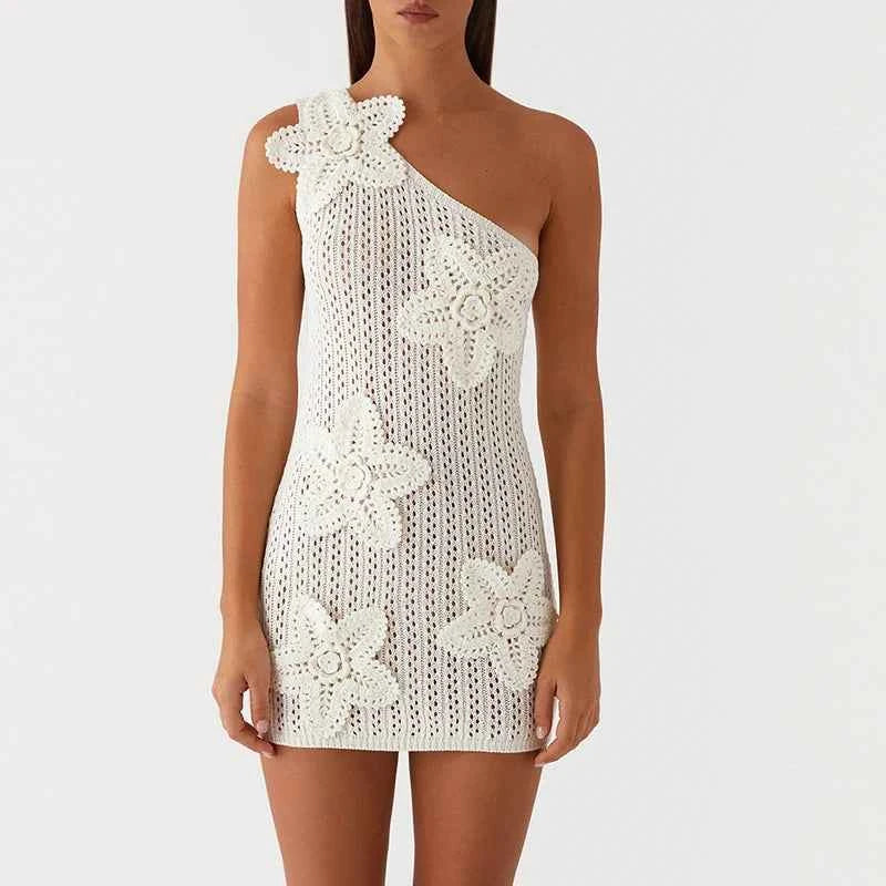 Knitted Asymmetric Dress Hollow Slant Neck Slim Mini Dress