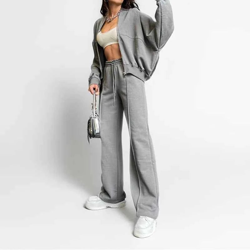 Women's Fleece-Lined Hoodie Coat High Waist Casual Pants Set