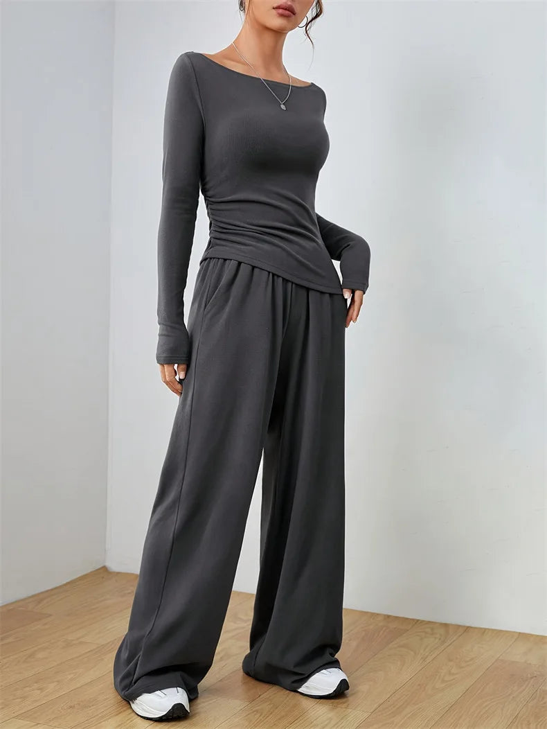 Women's Two-Piece Wide-Leg Pants Set Soft And Waxy Style Suit - Norellé