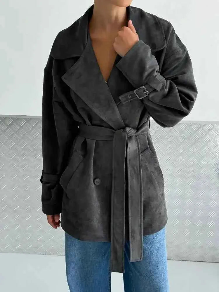 Women Gray Solid Suede Trench Coat
