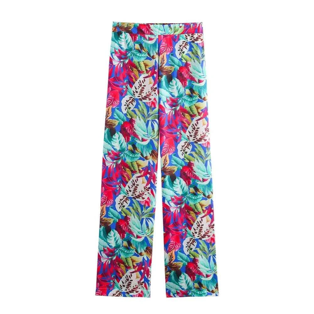 Women's Long Sleeve Tropical Printed Suit Wide Leg Pants Set